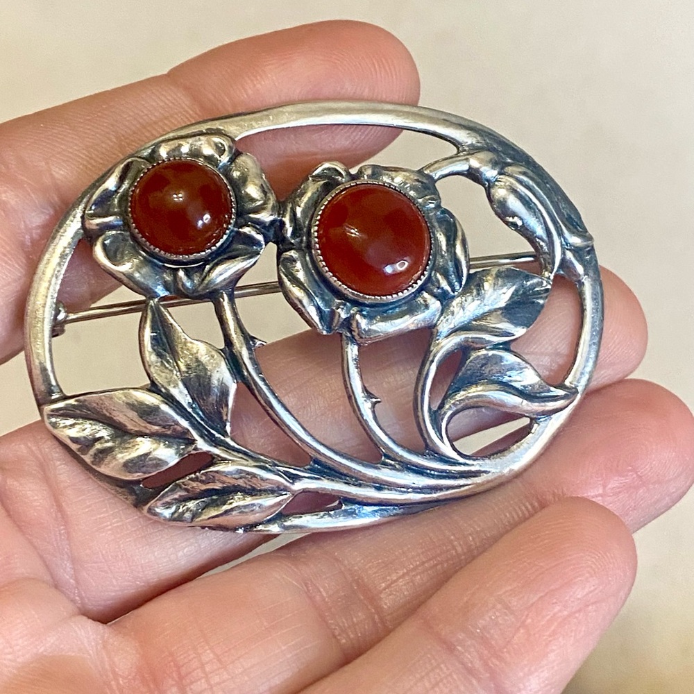 Vintage Sterling Silver Carnelian Floral Brooch 925